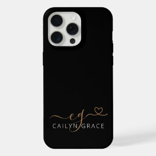 Modern Black Gold Feminine Script Heart Monogram iPhone 15 Pro Max Case