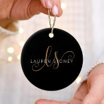 Modern Black Gold Feminine Script Monogrammed Ceramic Ornament<br><div class="desc">Modern Black Gold Feminine Script Monogrammed Ceramic Ornament. Easily personalize this modern elegant ceramic ornament with your custom monogram and name.</div>