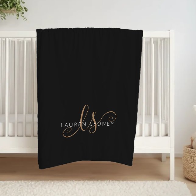 Modern Black Gold Feminine Script Monogrammed  Fleece Blanket (Creator Uploaded)