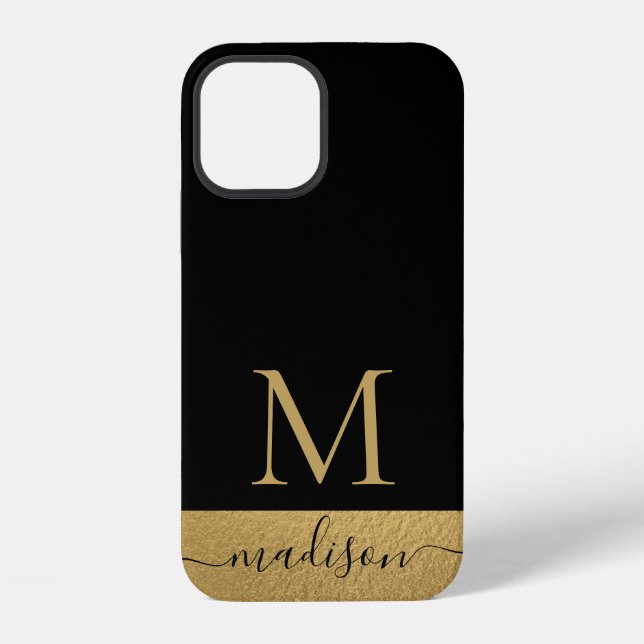 Modern Black Gold Feminine Script Monogrammed iPhone Case (Back)