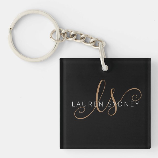 Modern Black Gold Feminine Script Monogrammed  Keychain (Front)