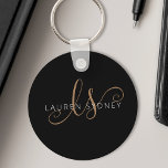 Modern Black Gold Feminine Script Monogrammed Keychain<br><div class="desc">Modern Black Gold Feminine Script Monogrammed Keychain. Easily personalize this modern elegant keychain with your custom monogram and name.</div>