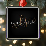 Modern Black Gold Feminine Script Monogrammed Metal Ornament<br><div class="desc">Modern Black Gold Feminine Script Monogrammed Metal Ornament. Easily personalize this modern elegant metal ornament with your custom monogram and name.</div>