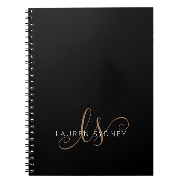 Modern Black Gold Feminine Script Monogrammed Notebook (Front)