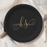 Modern Black Gold Feminine Script Monogrammed Paper Plate<br><div class="desc">Modern Black Gold Feminine Script Monogrammed Paper Plate. Easily personalize this modern elegant paper plate with your custom monogram and name.</div>