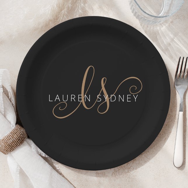Modern Black Gold Feminine Script Monogrammed Paper Plate (Creator Uploaded)
