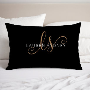 Modern Black Gold Feminine Script Monogrammed Pillowcase