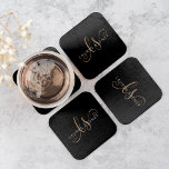 Modern Black Gold Feminine Script Monogrammed Square Paper Coaster<br><div class="desc">Modern Black Gold Feminine Script Monogrammed paper coaster. Easily personalize this modern elegant paper coaster with your custom monogram and name.</div>