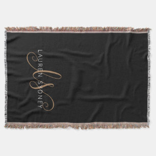 Modern Black Gold Feminine Script Monogrammed Throw Blanket