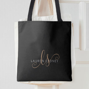 Modern Black Gold Feminine Script Monogrammed  Tote Bag