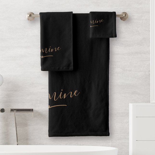 Modern Black Gold Feminine Script Name Bath Towel Set (Creator Uploaded)