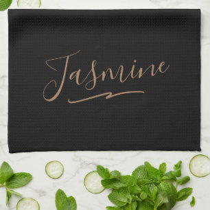 Modern Black Gold Feminine Script Name Kitchen Towel