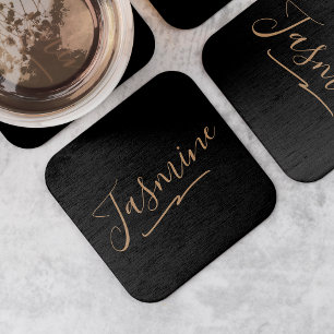 Modern Black Gold Feminine Script Name Square Paper Coaster