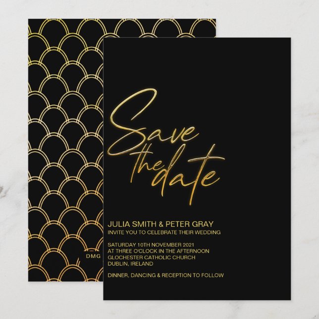 Modern Black & Gold Flat Save The Date Invitation (Front/Back)