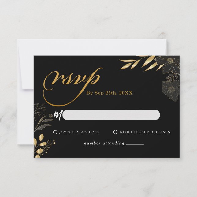 Modern Black Gold Floral Elegant Wedding RSVP Card (Front)