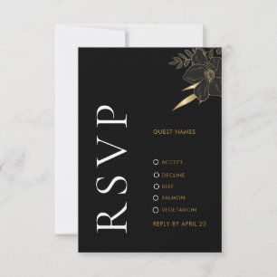 Modern Black Gold Floral Elegant Wedding RSVP Card