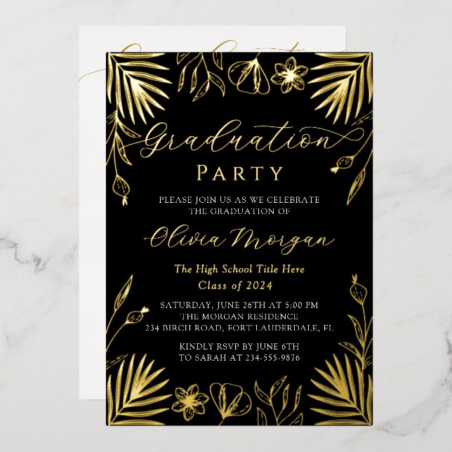 Modern Black Gold Floral Script Graduation Photo F (Front/Back)