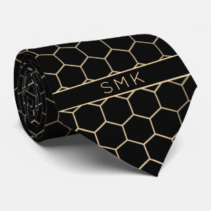 Modern Black Gold Foil Geometric Monogram Tie
