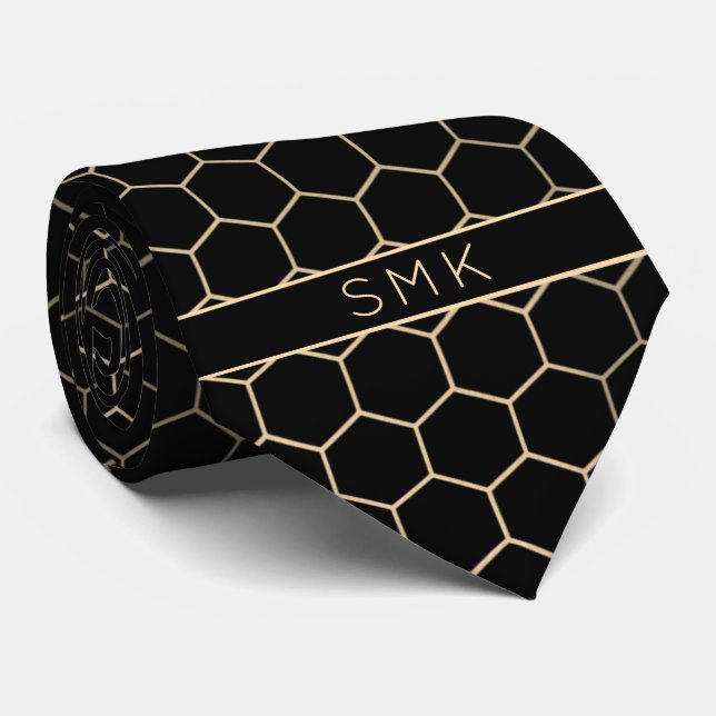 Modern Black Gold Foil Geometric Monogram Tie (Rolled)