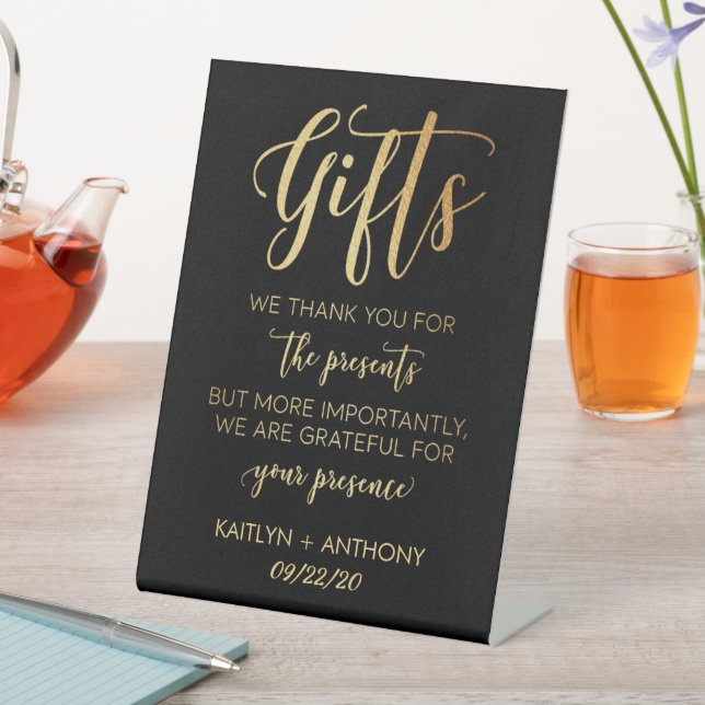 Modern Black & Gold Foil Wedding Gifts Sign (In SItu)