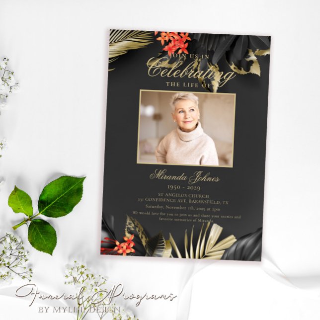 Modern Black Gold Funeral Photo Memorial Invitation (Creator Uploaded)