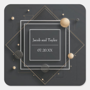 Modern Black & Gold Geometric Frame Wedding Square Sticker