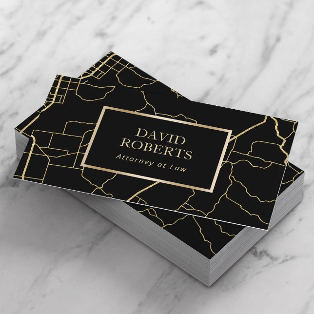 Modern Black & Gold Geometric Map Lawyer Attorney Business Card (Creator Uploaded)