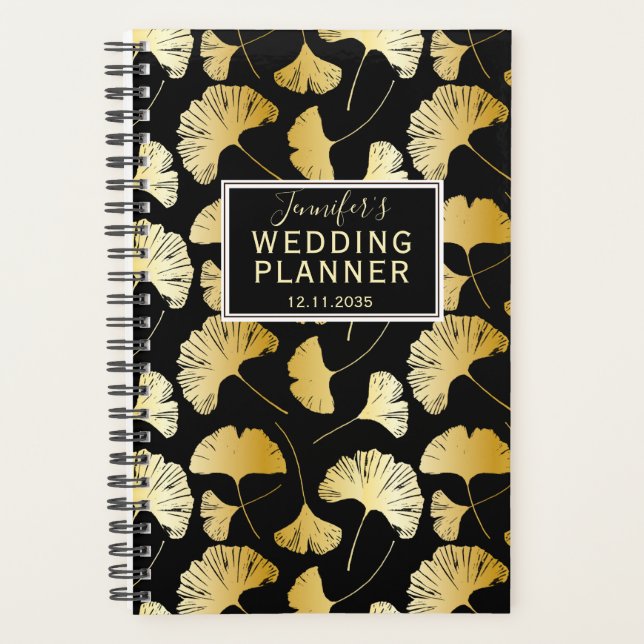 Modern black & Gold Ginkgo Pattern Wedding Planner (Front)
