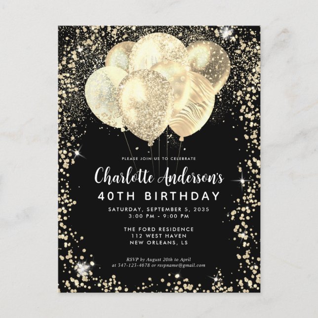 Modern Black Gold Glam Glitter Balloon Birthday Postcard (Front)