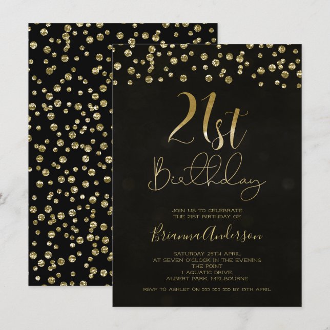 Modern Black Gold Glitter 21st Birthday Invitation (Front/Back)