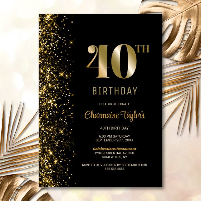 Modern Black Gold Glitter 40th Birthday Party Invitation (Creator Uploaded)