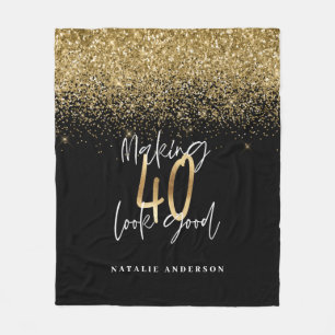 Modern black gold glitter 40th birthday typography fleece blanket