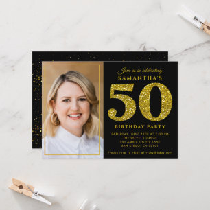 Modern Black Gold Glitter 50th Birthday Photo Invitation