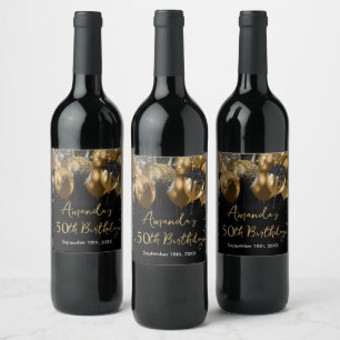 Modern Black Gold Glitter Balloons Birthday Wine Label