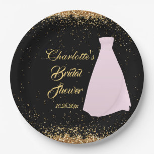 Modern Black & Gold Glitter Bridal Shower Paper Plate