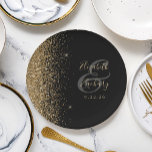 Modern Black Gold Glitter Edge Wedding Paper Plate<br><div class="desc">The left-hand edge of these elegant modern wedding paper plates features a gold faux glitter design. Personalize them with the names of the bride and groom in pale gold-coloured handwriting script over a large grey ampersand on a black background,  with the wedding date below.</div>
