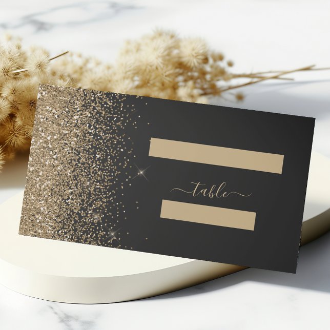 Modern Black Gold Glitter Edge Wedding Place Card (Creator Uploaded)