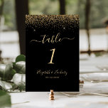 Modern Black Gold Glitter Edge Wedding Table Number<br><div class="desc">The top edge of this elegant modern wedding table number features a gold faux glitter design. The customizable text combines pale gold-coloured handwriting,  copperplate and italic fonts on a black background.</div>