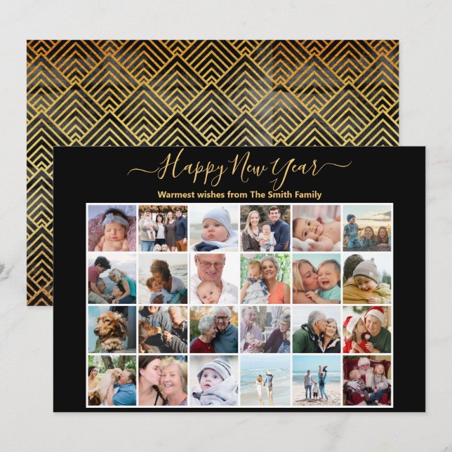 Modern Black Gold Glitter Elegant Script Photo  Holiday Card (Front/Back)