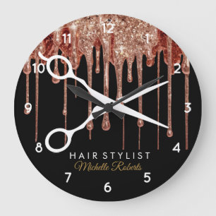 Modern black Gold Glitter Hairstylist Large Clock