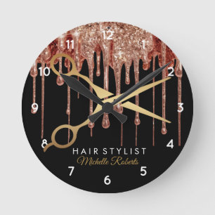 Modern black Gold Glitter Hairstylist  Round Clock