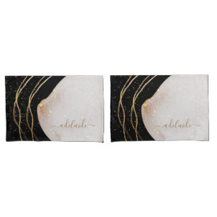 Modern Black Gold Glitter Script Monogram Name Pillowcase