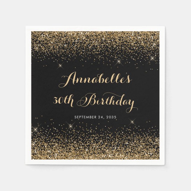 Modern Black Gold Glitter Sparkle Any Age Birthday Napkin (Front)