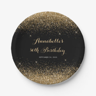 Modern Black Gold Glitter Sparkle Any Age Birthday Paper Plate