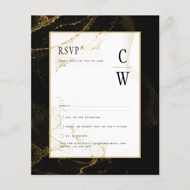 Modern Black Gold Glitter Wedding RSVP Flyer (Front)
