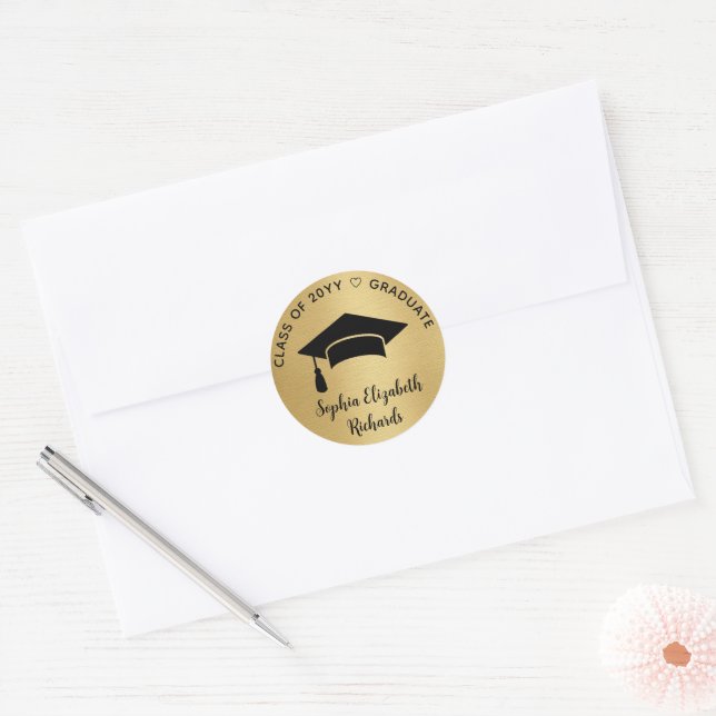 Modern Black Gold Graduation Cap Class of 2024 Classic Round Sticker (Envelope)