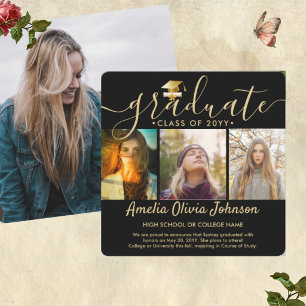 Modern Black & Gold Graduation Photo Collage Invitation