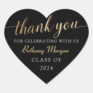 Modern Black & Gold Graduation Thank You Heart Sticker