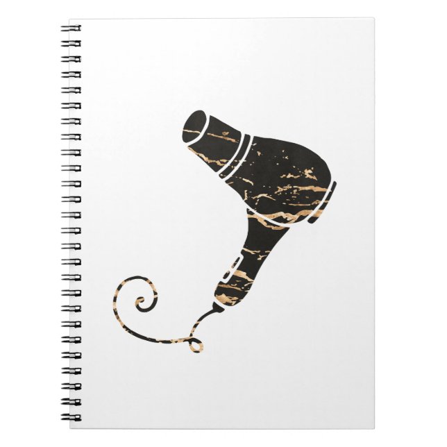 Modern Black & Gold Hair Dryer Art Notebook (Front)