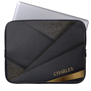 Modern Black-Gold Halftone Pattern & Customization Laptop Sleeve